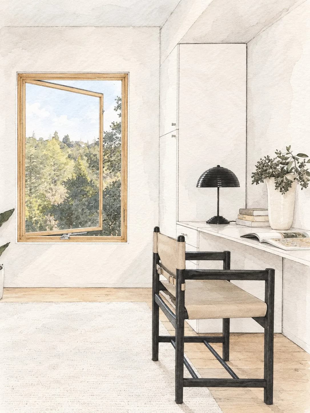 Watercolor of a room with a built-in desk and an open casement window