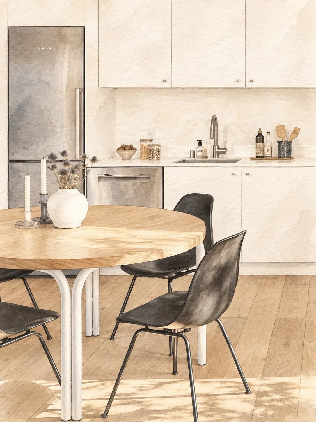 Watercolor of a kitchen with white cabinetry and a round oak dining table