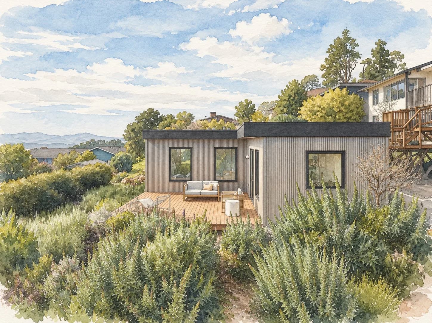 Watercolor of a rehome addition with a deck on a hillside lot