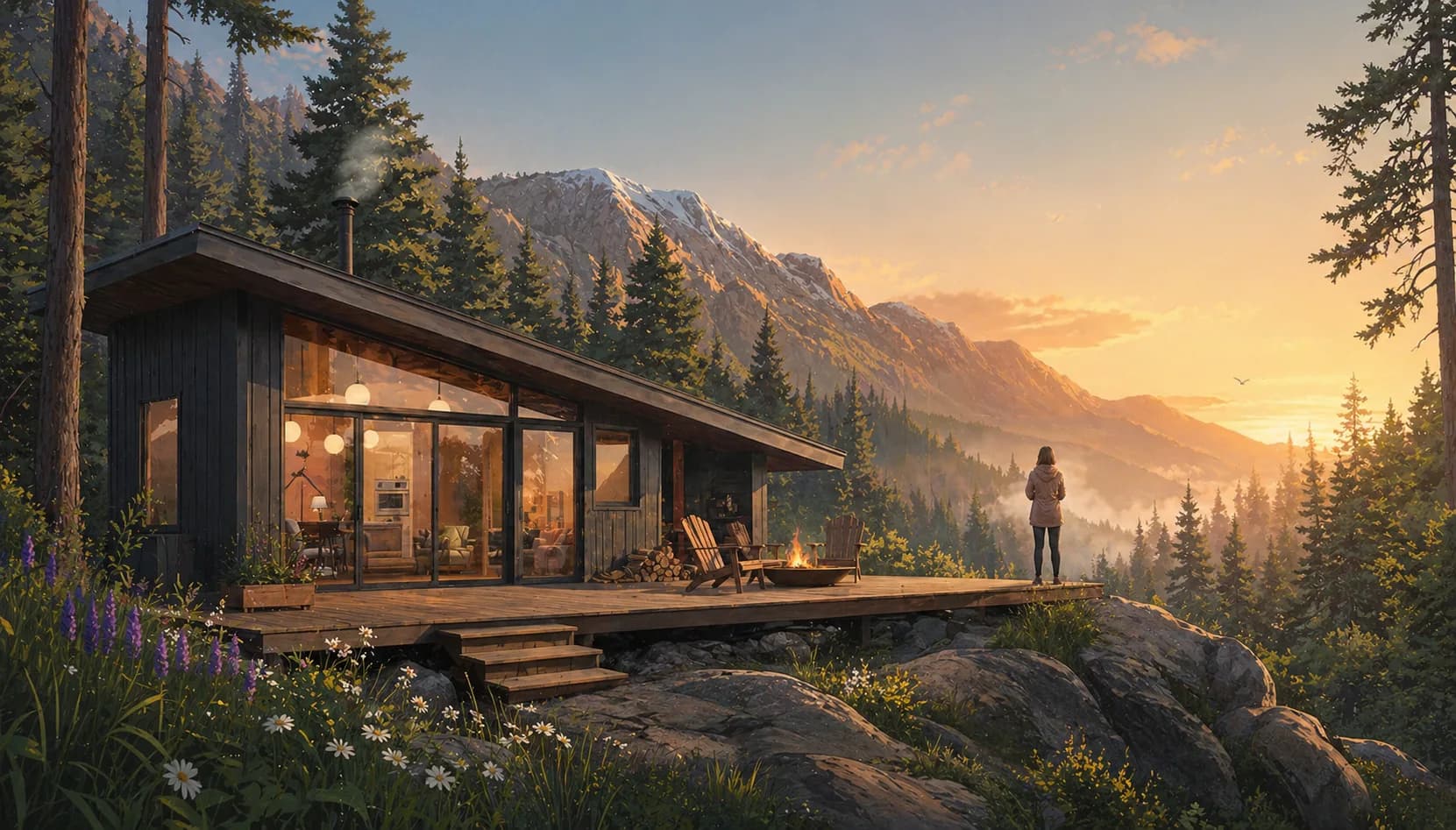 Illustration of a modern cabin with floor-to-ceiling windows on a wooded hillside at sunset, mountains in the distance