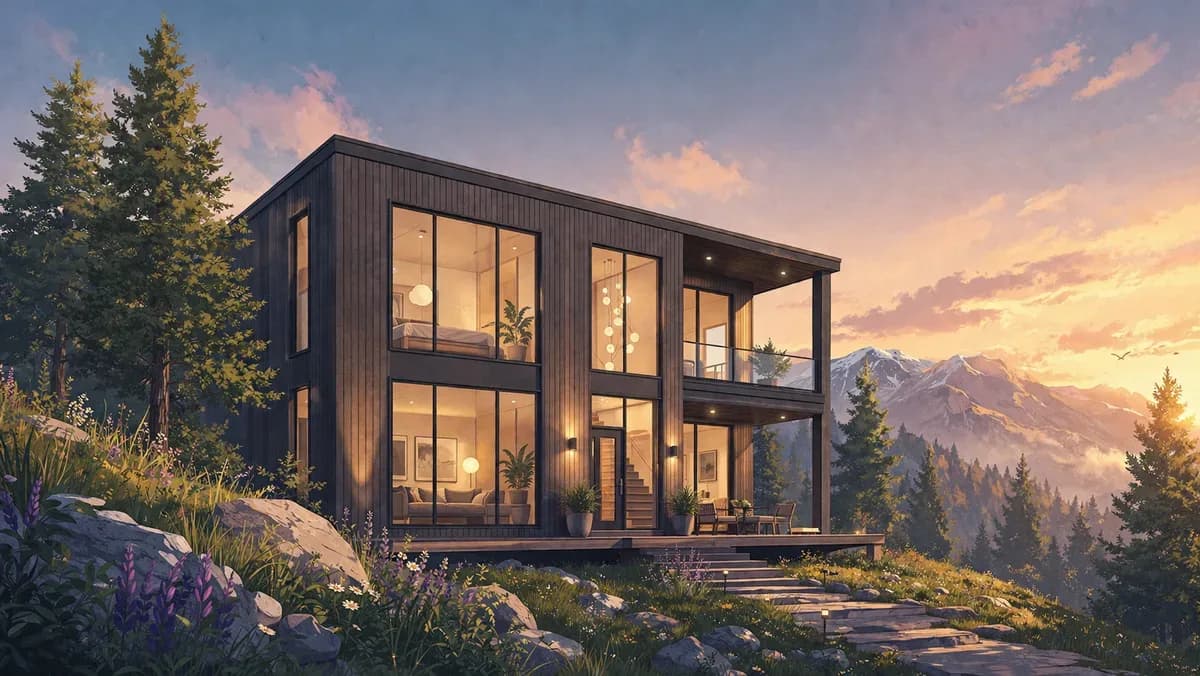 Illustration of a new two-story dark-wood home with large windows on a hillside among pines