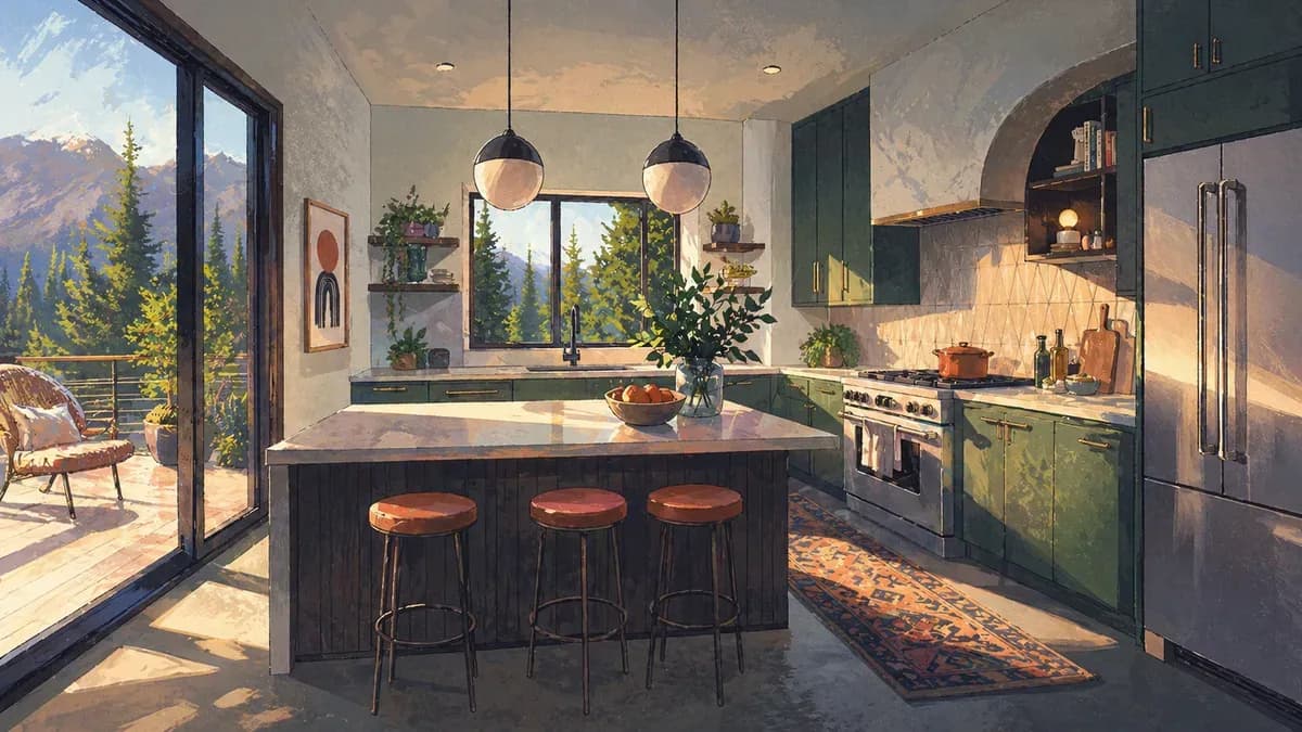 Illustration of a remodeled kitchen with green cabinets, an island with three stools, and a wall of glass opening to a deck