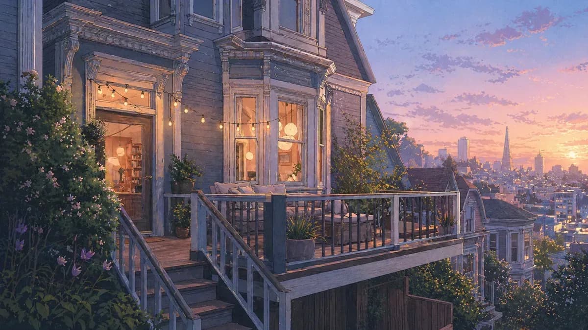 Illustration of a Victorian home's front porch and bay windows lit with string lights, with the city skyline behind